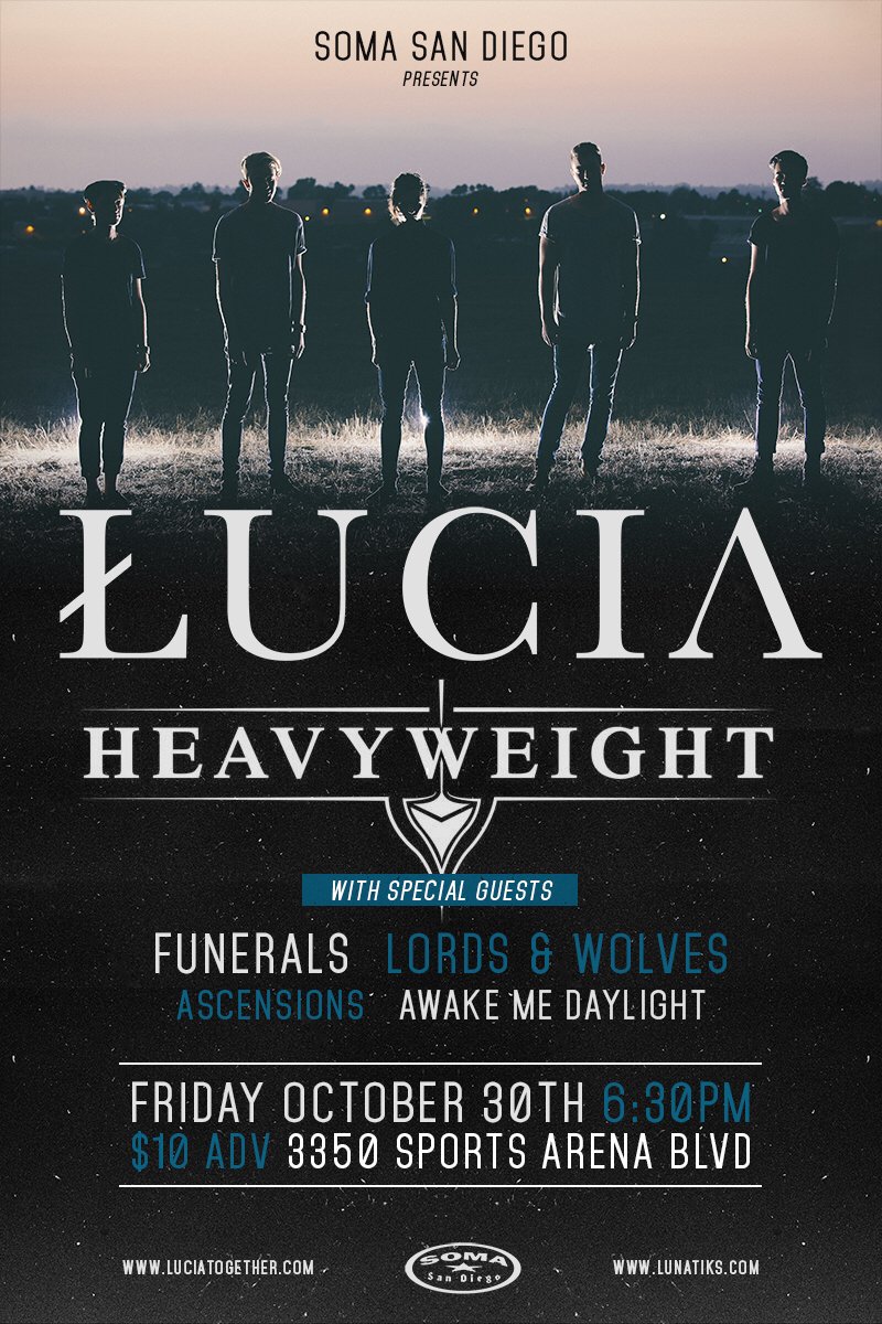 SOMAsd's tweet photo. Fri, Oct 30
Lucia
Heavyweight
Funerals
Lords &amp; Wolves
Ascensions
Awake Me Daylight 
TiX https://t.co/fLI71QnVoT https://t.co/O1wz05P08z