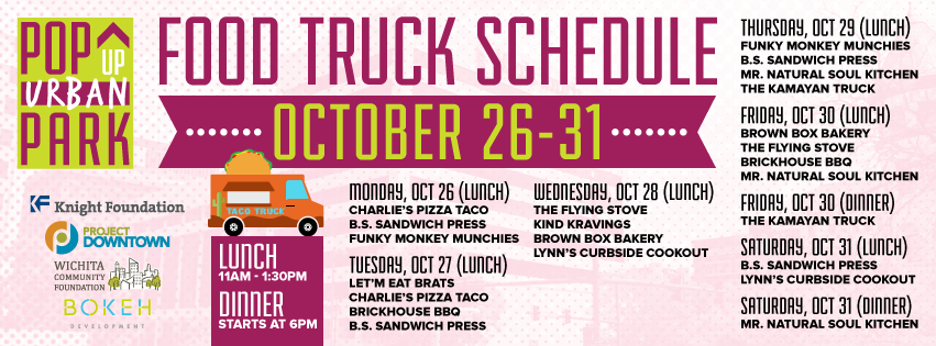 DowntownWichita's tweet photo. #ICTPopUpPark schedule for Oct 26-31! @theflyingstove @BSSandwichPress @LetmEatBrats https://t.co/HD5Rj5ZATq https://t.co/4FtYcKS2Yg