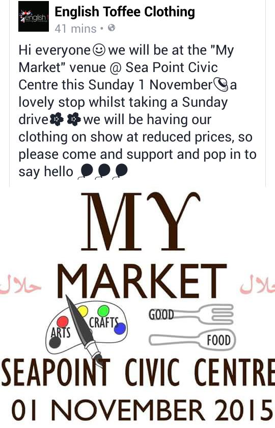 englishtoffeeSA's tweet photo. Come and join us @ Sea Point Civic on Sunday 1 Nov ..11am to 4pm.. clothing will be on show at reduced prices.. https://t.co/xXNjI9Kgia