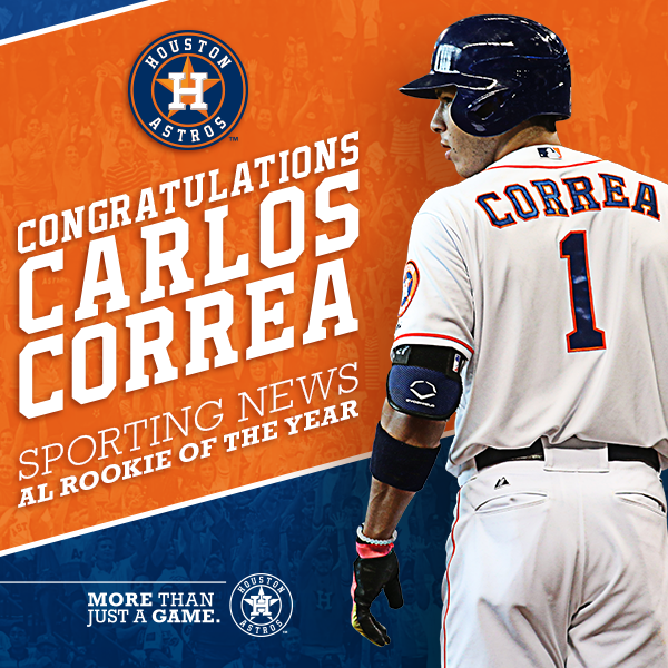 astros's tweet photo. Congrats to #Astros SS @TeamCJCorrea, the @sportingnews AL Rookie of the Year, voted on by AL players! https://t.co/DywjgPf5Dt