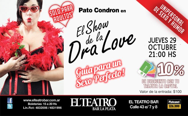 TarjetaLC's tweet photo. Este Jueves 29 de Octubre a las 21 h Pato Condron en: "El Show de la Dra. Love" en EL TEATRO BAR LA PLATA https://t.co/KPqgZn69Kk