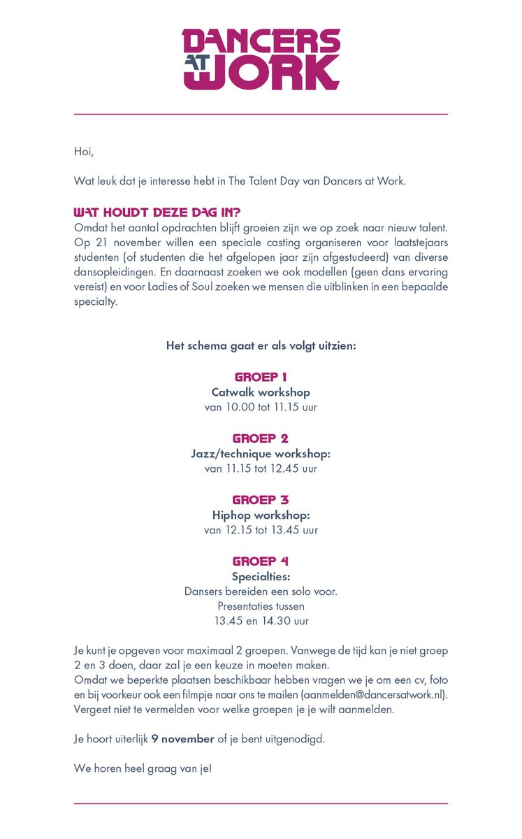 Dancersatwork's tweet photo. Dansers en modellen opgelet, wij zoeken nieuw talent! https://t.co/lQ3429X7TW
