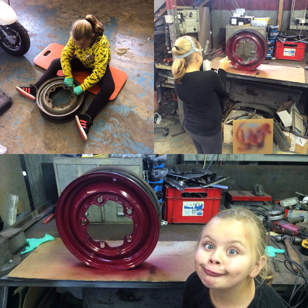Grace was at work with me today, she rubbed down and sprayed a beetle wheel all on her own 👍