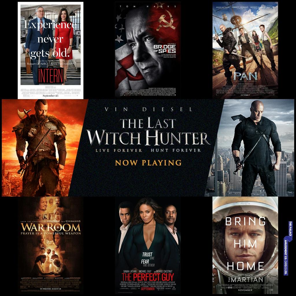 PalaceMovies's tweet photo. #Movies2day #PmHalfOff 
Now playing in theaters #TheLastWitchHunter, #TheIntern, #TheMartian and #WarRoom https://t.co/N5odnvm7Cs