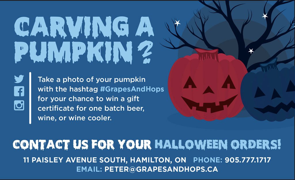 GrapesAndHops's tweet photo. Hey #Hamont! Tag your #halloween pumpkin with #GrapesAndHops for a chance to win a gift certificate for one batch! https://t.co/1YXirjpARY