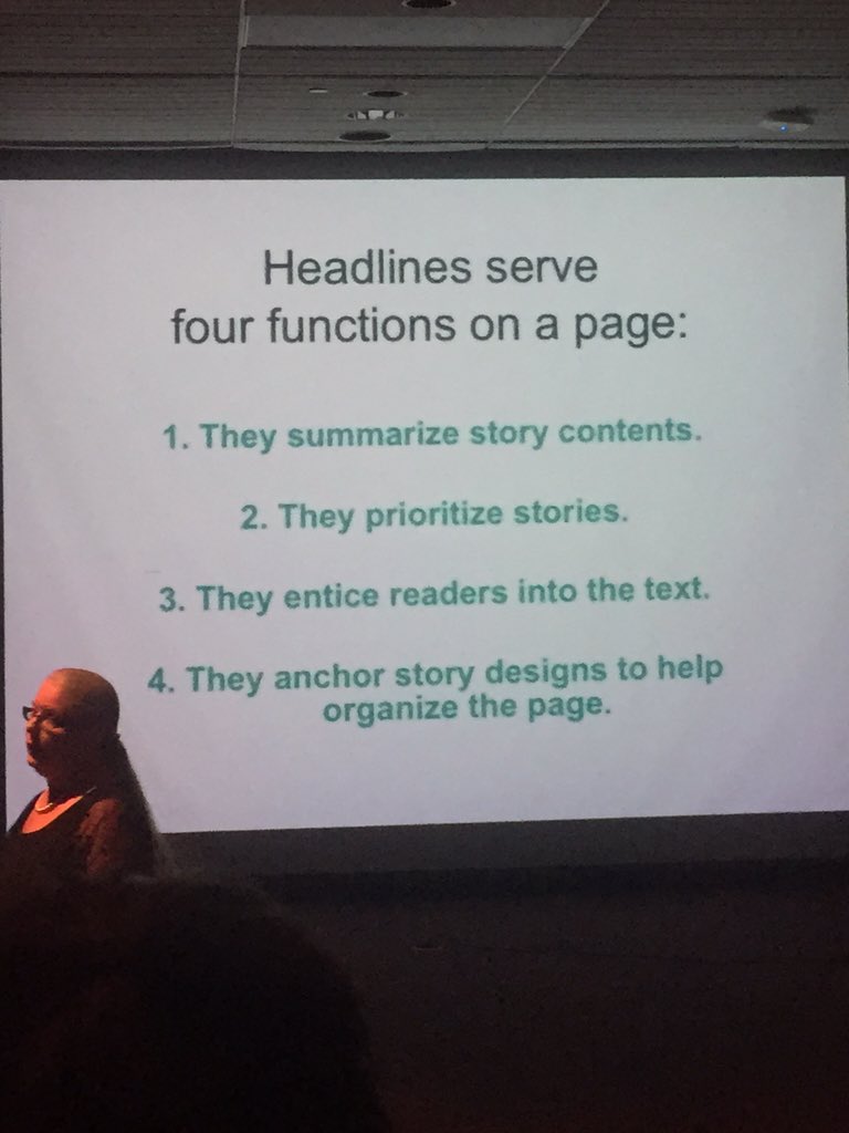 mnuss_NJFPD15's tweet photo. Regan gets to the meat of headline writing with a description of why we need headlines #GSSPA15 https://t.co/5UWwK4kr68