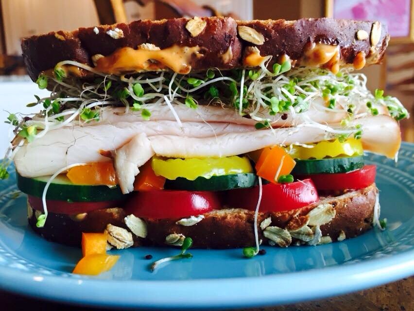 The Lori An-turkey, broccoli &amp; alfalfa sprouts, peppers, cucumbers, tomatoes, Dijon Mustard &amp; Chipotle Mayo #lorianh