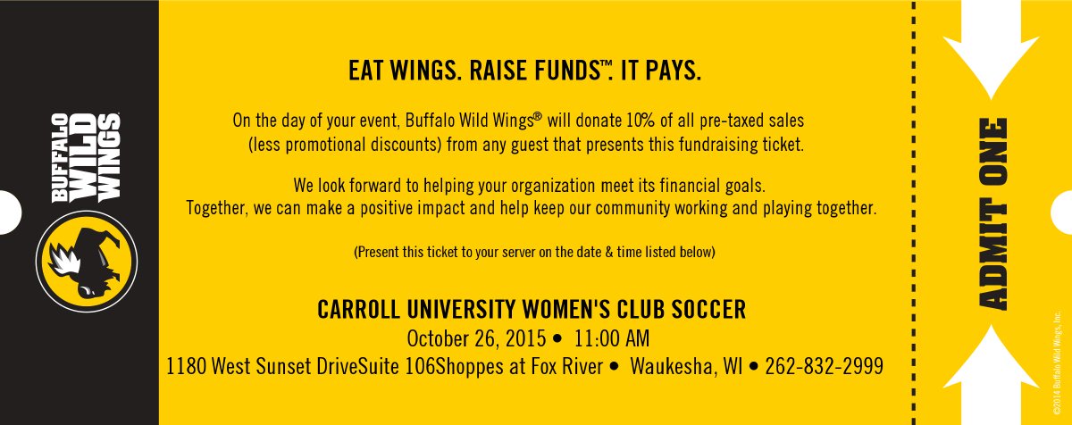 CarrollURec's tweet image. Come support our Womens Club Soccer team today at Buffalo Wild Wings on Sunset. Show this picture to your server!
