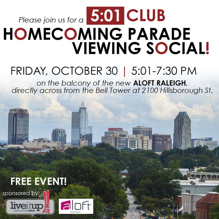 LiveItUpRaleigh's tweet photo. Don't miss the Homecoming parade this Friday - Join @AloftRaleigh on their balcony for a 5:01 Club Viewing Social! https://t.co/Mby8MQIxzJ