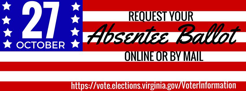 legaffairsuva's tweet photo. The deadline to request an absentee ballot is tomorrow October 27. #UVAVotes https://t.co/RYGUSd5Gau
