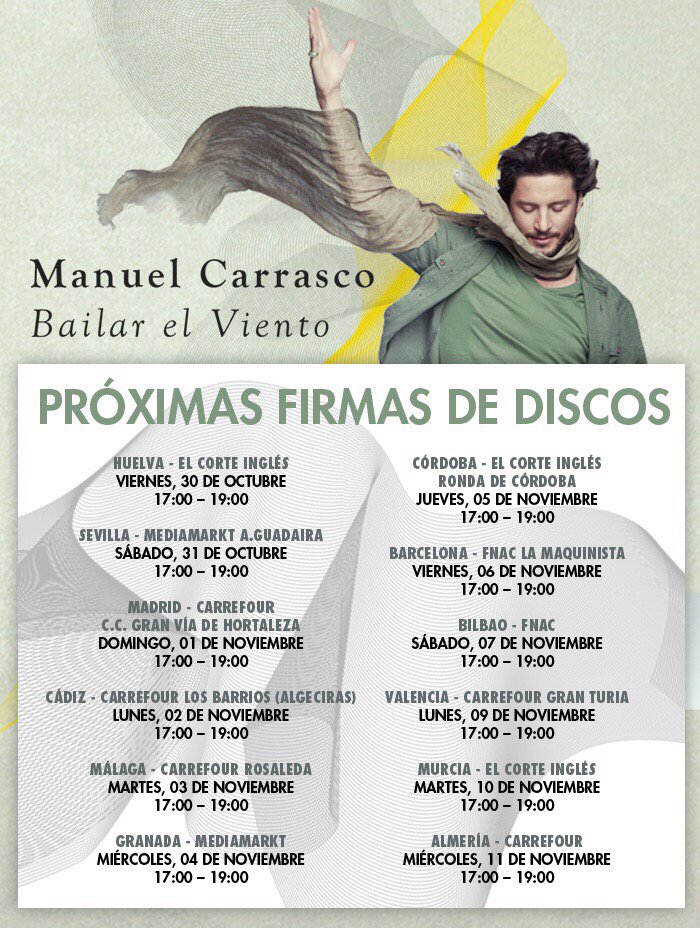 manuelcarrasco_'s tweet photo. Mi gente!! Quedan 5 días para la salida de #bailarelviento  qué ganas!! 👏👏 Aquí van las fechas de las firmas.Gracias https://t.co/iYXzn6Tyss