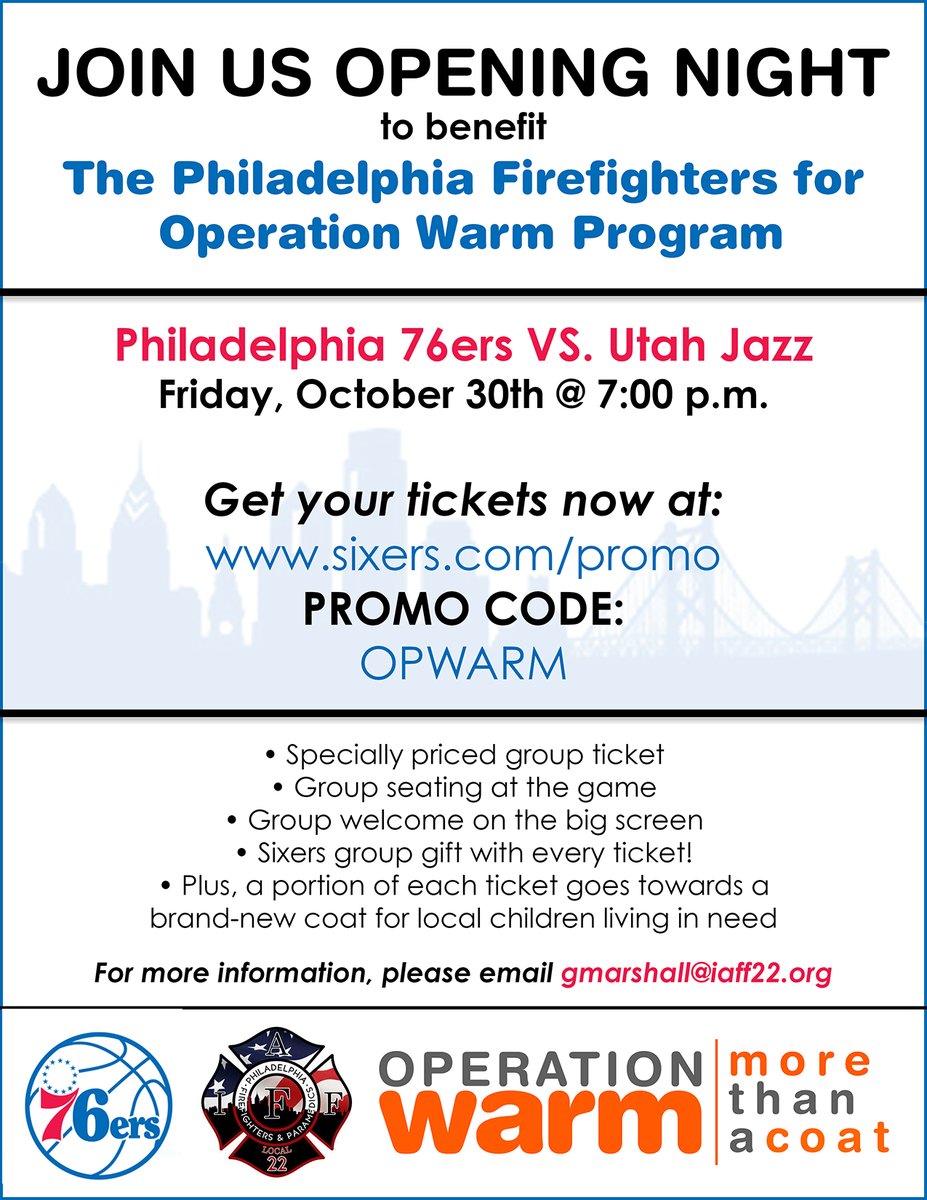 Local 22 Philadelphia Firefighters & Paramedics (@local22philly) on Twitter photo Join Philly Firefighters @IAFF22 at the <a href="/Sixers/">Philadelphia 76ers</a> home opener and help local children in need. <a href="/PhillyFireNews/">PhillyFireNews</a> Join Philly Firefighters @IAFF22 at the <a href="/Sixers/">Philadelphia 76ers</a> home opener and help local children in need. <a href="/PhillyFireNews/">PhillyFireNews</a>
