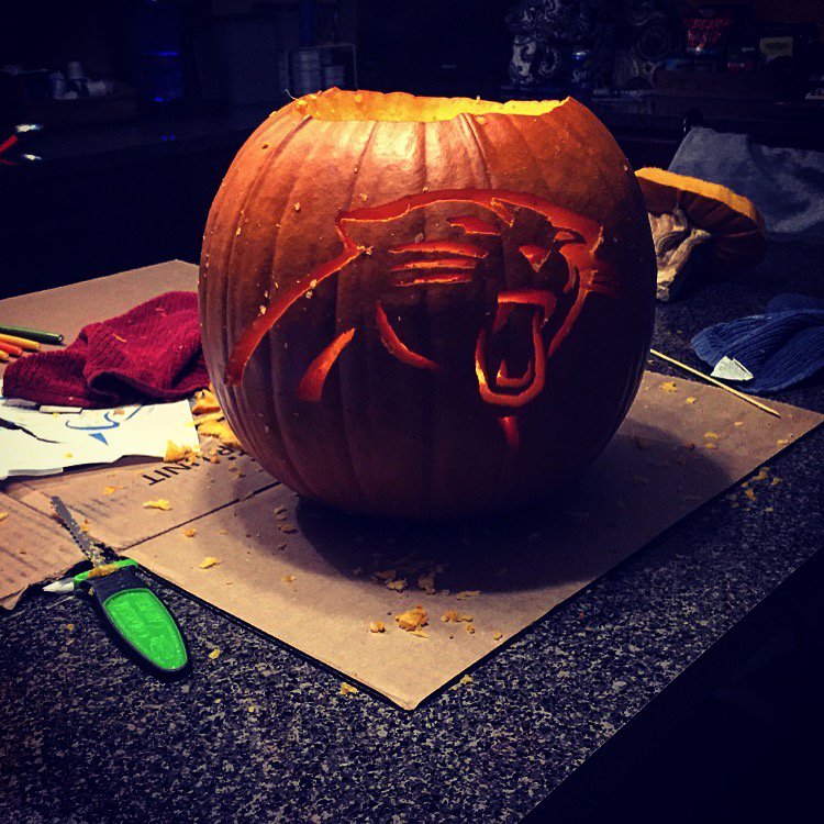 BenLuciotti43's tweet photo. Proud of my @Panthers pumpkin. Also very happy that we are 6-0 ๐ #KeepPounding #Panthers https://t.co/64WTVUQ4WX