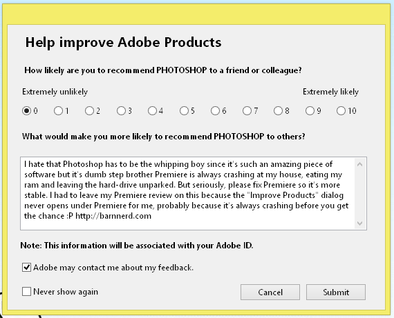 Barnacules's tweet photo. That moment when a glorious "Feedback" box appears on an @Adobe product. #VentTime, and yes, I submitted it :D https://t.co/lOQeaOuZyn