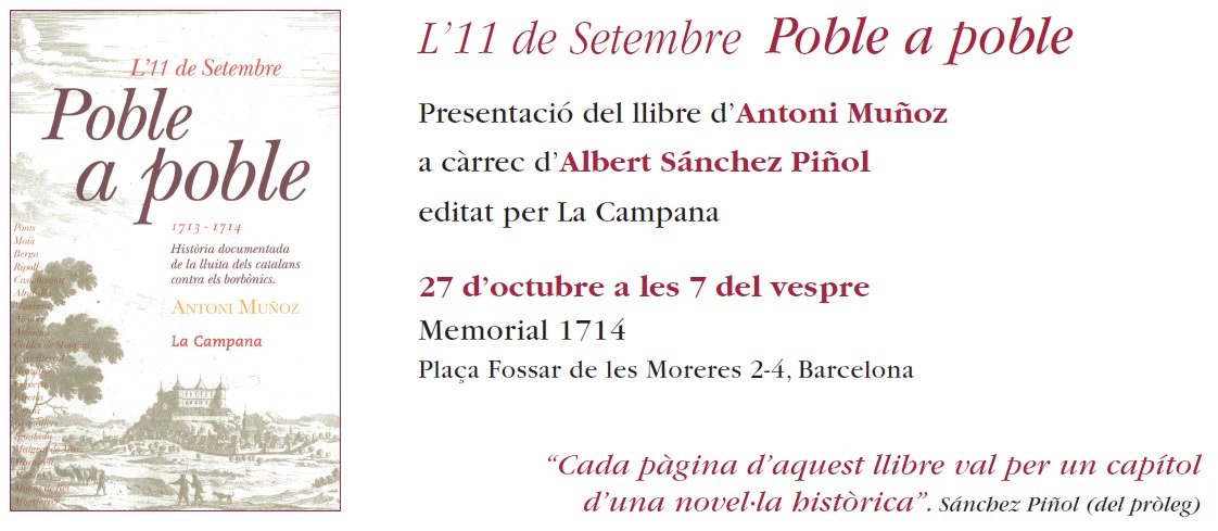 Memorial1714's tweet photo. Presentació del llibre "Poble a Poble" d'Antoni Muñoz. La farà l'Albert Sanchez Piñol
Us esperem!
@LaCampana_ed https://t.co/RPCi8lKyKI