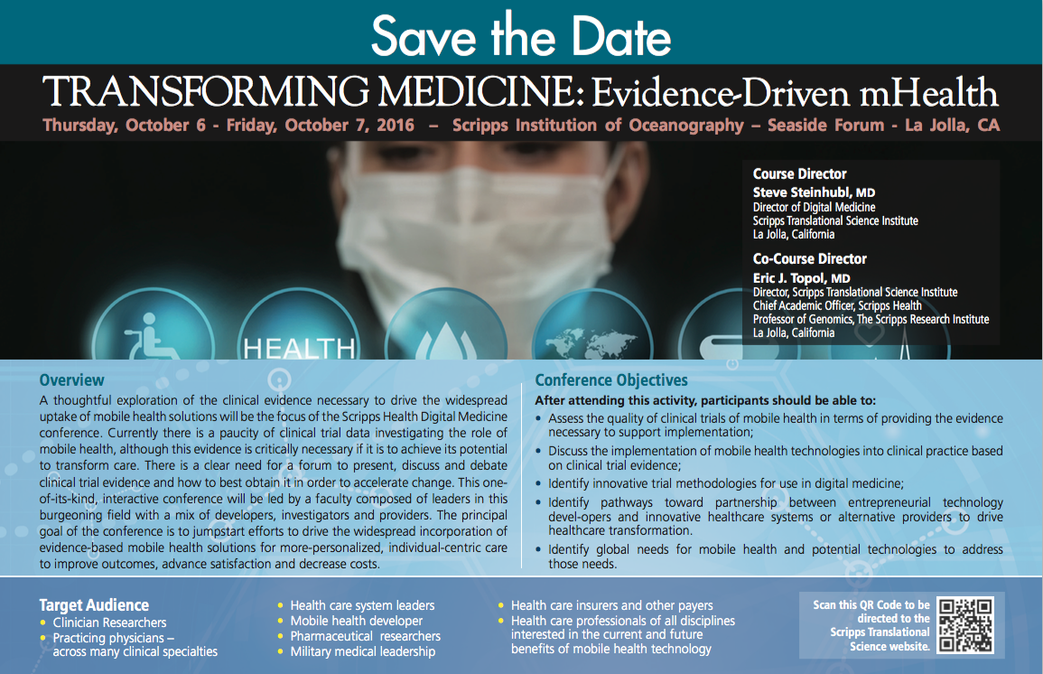 ScrippsRTI's tweet photo. Mark your calendars! TRANSFORMING MEDICINE: Evidence-Driven #mHealth conf. will take place Oct 6-7, 2016 #Digimed16 https://t.co/RoqpraEi1Y