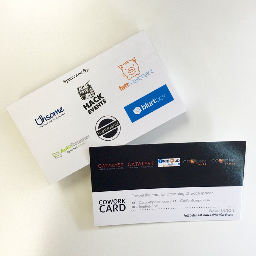 staxpayments's tweet photo. We've got @coworkcard_com cards to share with our followers! 6 FREE days of coworking throughout Florida! Who's in?? https://t.co/gIcG0HEeAD