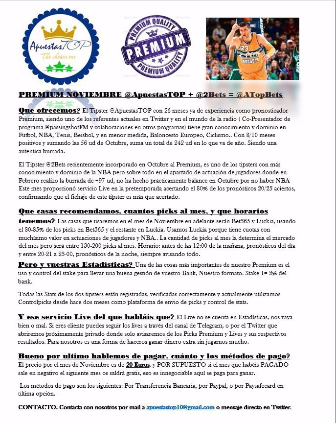 ApuestasTOP's tweet photo. 💥Abrimos plazas en Premium 💥
✅Info Premium @2bets y un servidor✅
35% plazas Libres 🏁 Max Difusion Gracias!! https://t.co/SpkvreNKuy