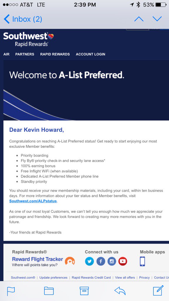 KevinHowardJI's tweet photo. Nice email from the best airline company, @SouthwestAir #companyplane https://t.co/qsf4eZVwOR