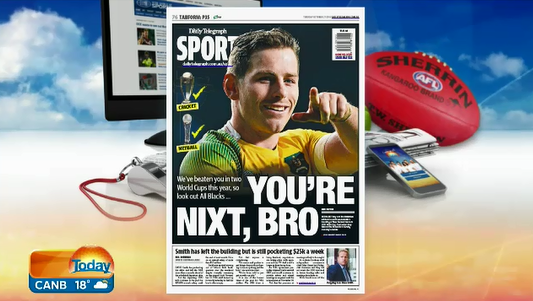 TheTodayShow's tweet photo. .@dailytelegraph sends a powerful message to @AllBlacks ahead of #RWC15 final against @Wallabies #Today9 https://t.co/nyElmGT6R0