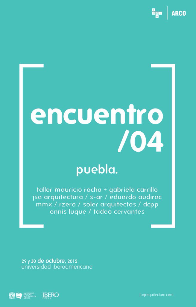 Conferencias: 
S-AR en Encuentro/04 (Puebla, 29-30|10) por
<a href="/FUGArq/">FUGA Arquitectura</a> <a href="/ColectivoArco/">ARCO</a> <a href="/faunam_mx/">Facultad de Arquitectura UNAM</a> <a href="/IberoPuebla/">IBERO Puebla</a>