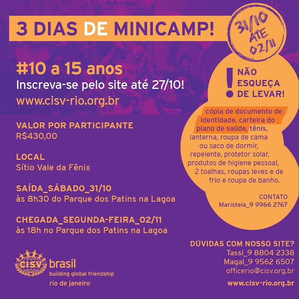cisvrio's tweet photo. SÃO TRÊS DIAS DE MINICAMP!!! Inscrições até amanhã 27/10 #CISVRio https://t.co/uVUdM5arJo