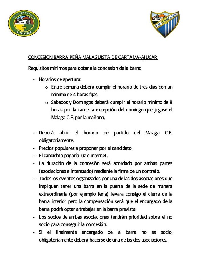 PMCartama's tweet photo. Concesión de la barra de la sede de la Peña Malaguista de Cártama y @ajucarcartama https://t.co/KTQlVdqucr