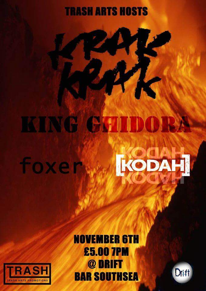 Kodah5's tweet photo. Feat ex-members of The Eighties Matchbox B-line Disaster, KRAK KRAK play @driftsouthsea 6th of Nov, Kodah support! https://t.co/I3PutjUR1Y
