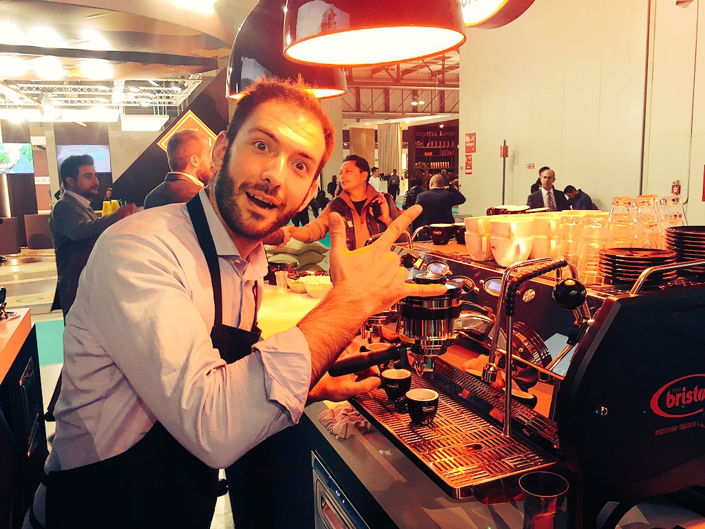 FreshCoffeeCo's tweet photo. Simone, our new UK #Barista Trainer, showing us how many marks out of 3 he gives @caffe_bristot @ #Host2015 Milan https://t.co/wFlT56Pr9E