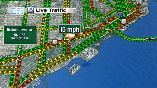 Broken down car on US-1 SB at SW 17th Ave. Speeds at 15mph #traffic #miami @JeniseFernandez https://t.co/25QAwbDaF7