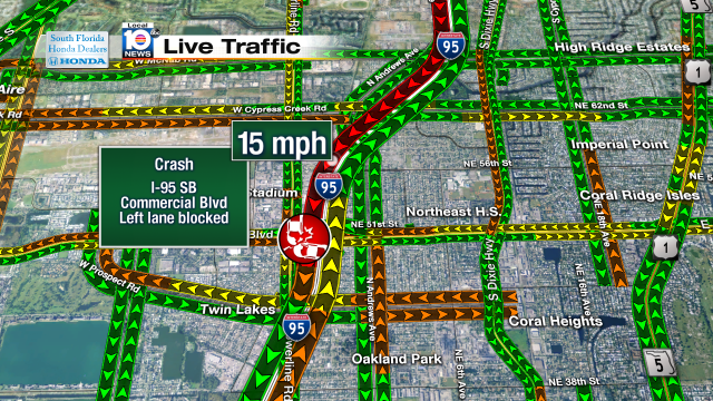 Crash on I-95 SB at Commercial Blvd. Left lane blocked Speeds at 15mph #traffic #broward @JeniseFernandez https://t.co/ph0gghjlbD
