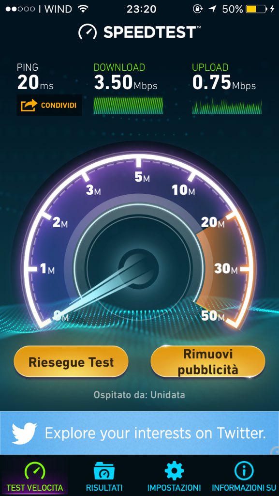 jbrianvy's tweet photo. 3.50 in download e 0,75 in upload, e io che continuo a pagare sto schifo -.- #solocolpingtesalvi https://t.co/smLNTBc24Q