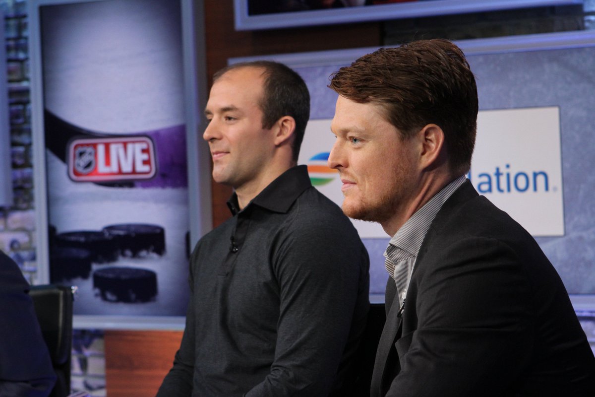 NHLMedia's tweet image. RETWEET for a chance at a signed puck from @NHLDevils Andy Greene or Cory Schneider and watch them next on #NHLLive!