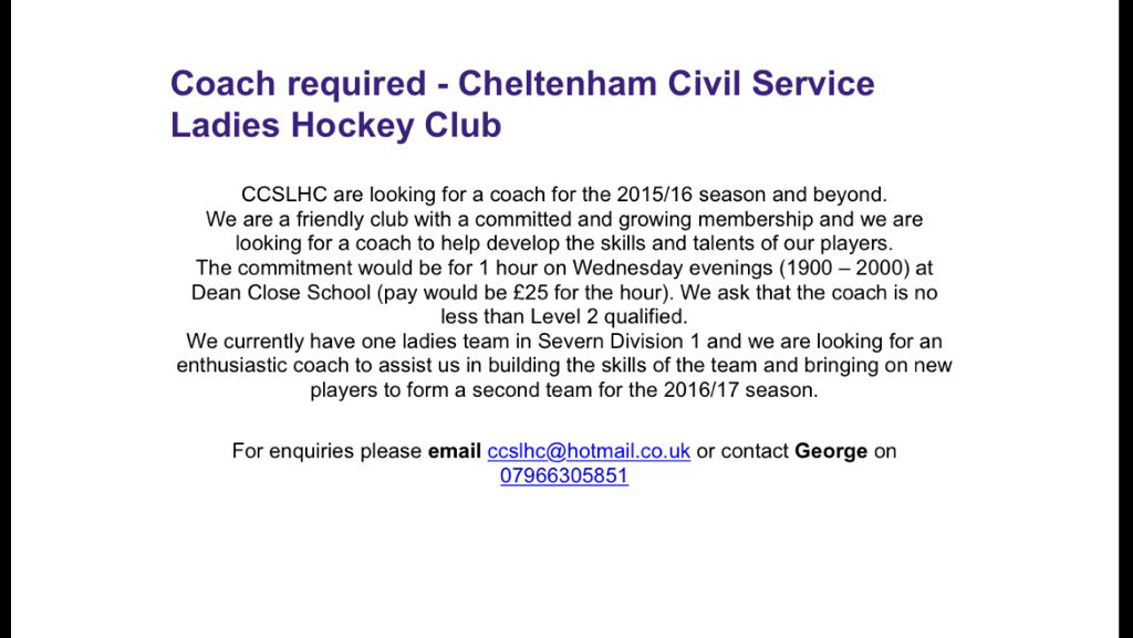 #Cheltenham #hockey coach required for our growing team! Retweet! <a href="/ILoveGlosUK/">I ♥ Gloucestershire</a> <a href="/Gloucester_News/">Gloucester News</a> <a href="/UoGHC/">UoG Hockey Club</a> <a href="/UoGStudents/">UoG FRESHERS 22/24</a>