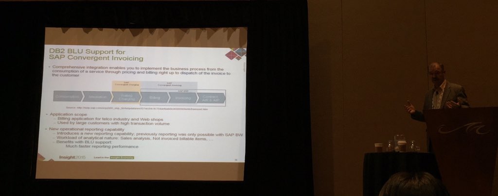jasoncha_db2's tweet photo. #DB2 STSM Karl F on the new support of #SAP Convergent Invoicing on DB2 #BLU #ibmblu #ibminsight #SAPDB6 https://t.co/8aFcGSUHeY