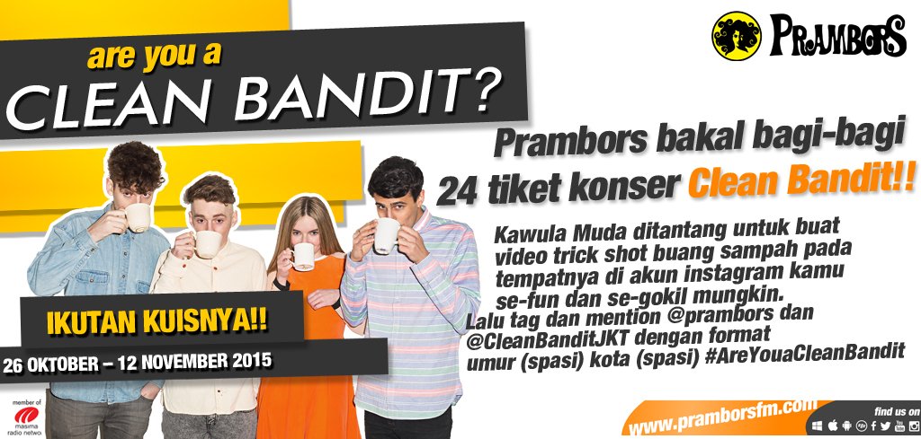Prambors's tweet photo. Mau ntn konser Clean Bandit 8 Desember di Skenoo Hall? Yuk ikutan kuisnya! @CleanBanditJKT #AreYouACleanBandit https://t.co/JQRZO5anQE