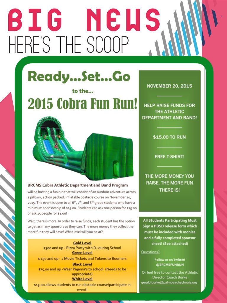 MsKarl_BRCMS's tweet photo. Help raise $ for the #BRCMS athletic/band depts by participating in the #cobra #FunRun on Nov 20! Only $15 to run! https://t.co/3bPgwopHzS