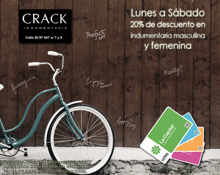 TarjetaLC's tweet photo. Todo tu estilo en un sólo lugar CRACK INDUMENTARIA masculina y femenina. ¡Descuentos con tu tarjeta! https://t.co/v3yASaUeRR