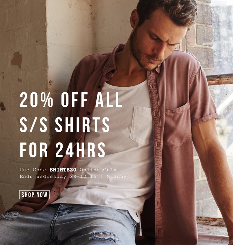 industrie99's tweet photo. 20% Off S/S Shirts for 24hrs | Online Only | Ends 28.10.15 at 12pm
Code SHIRTS20 | SHOP > https://t.co/6Avv90dqKh https://t.co/4uZSedZguc