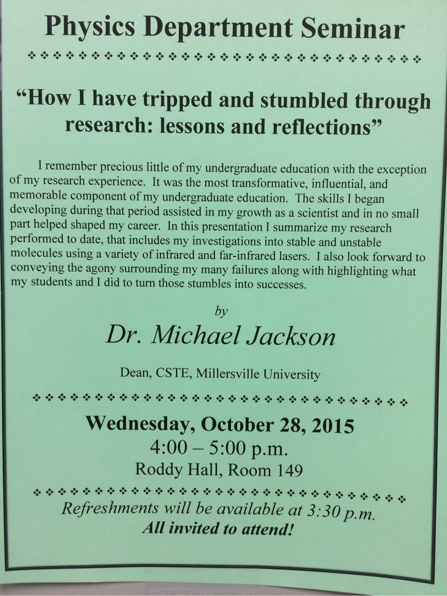 Roddy250's tweet photo. MU Physics welcomes Physicist + new Dean of SciTech Dr. Mike Jackson to seminar this Wed 10/28, 4p in Roddy 149. https://t.co/N8V50MZpUC
