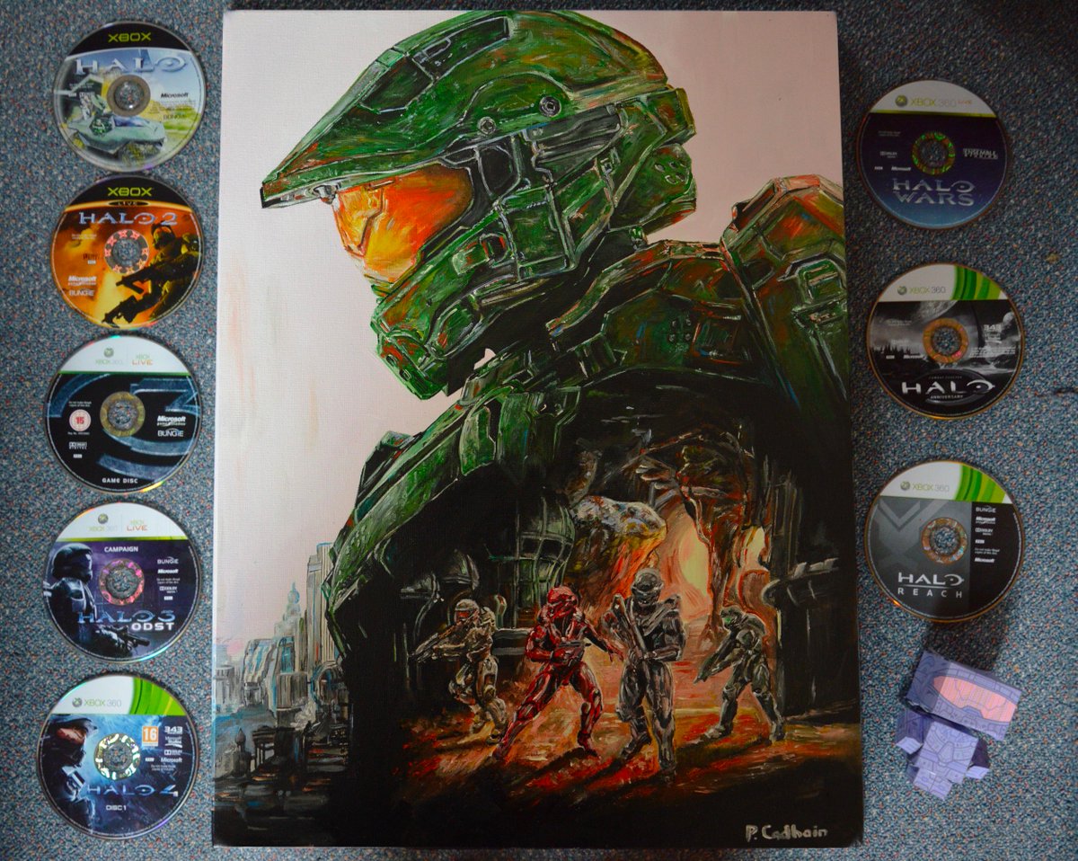 Cadhain's tweet photo. So excited for Halo 5 I painted #TeamChiefIE @GameStopIreland #contest #halo5atgamestopIE https://t.co/an2e280DXn https://t.co/nM63XsvxbS