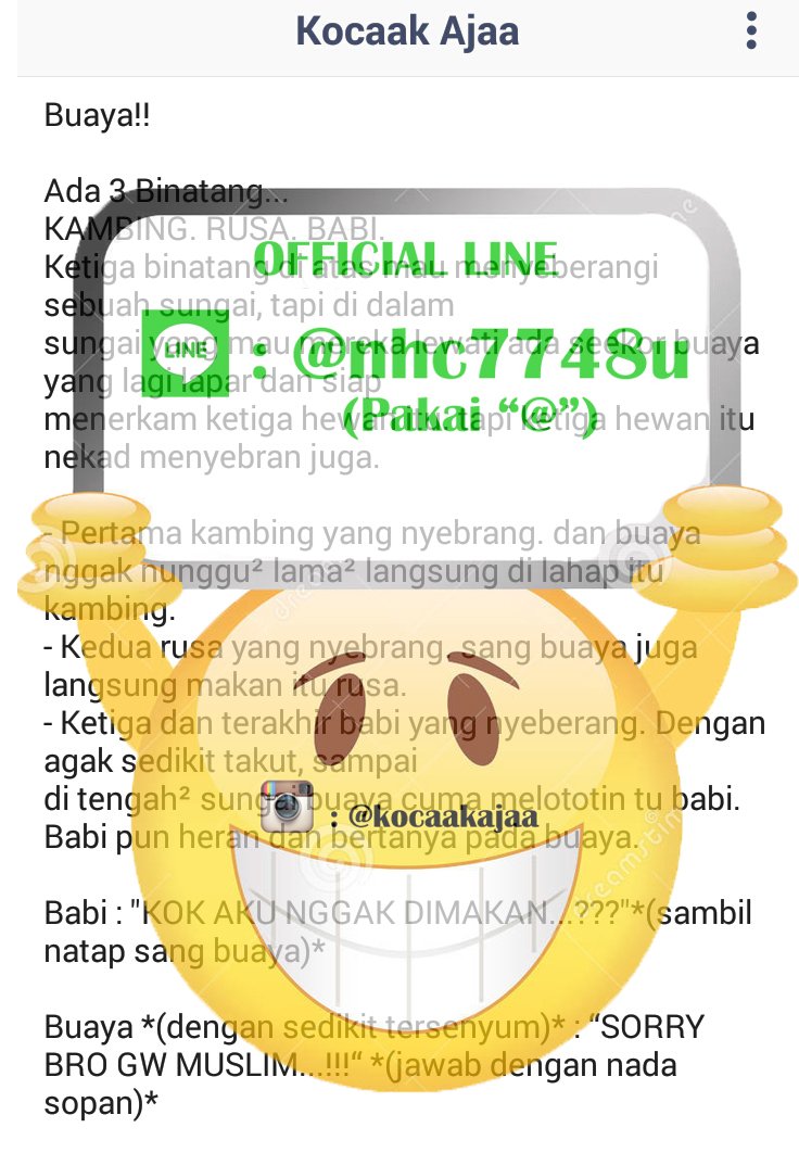 kocaakajaa's tweet photo. Punya LINE ? Mau cerita lucu sampe ngakak guling - guling ?

Line : https://t.co/cHqYzyY8X6 https://t.co/kv7nE20PJg