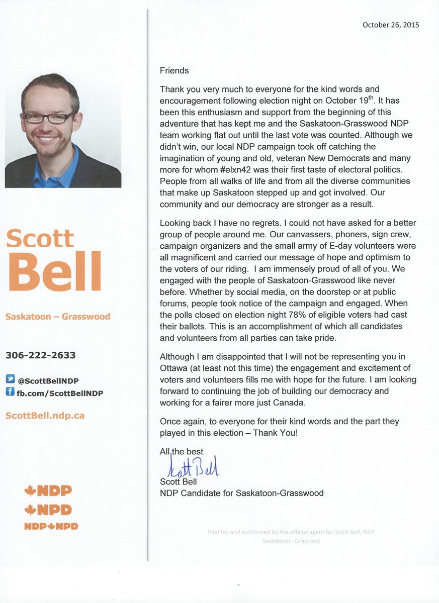 ScottBellNDP's tweet photo. From #ScottBellNDP thank you for the kind words and the role everyone played in #elxn42 #SaskatoonGrasswood https://t.co/KG0gh8mGog