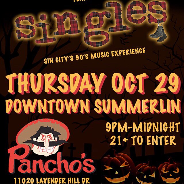 SinglesRocksLV's tweet photo. Halloween party at Pancho's this Thursday night with Singles!!  @panchosvegas @panchos_mb @dtsummerlin #panchoslv https://t.co/yzNJyMmqKp
