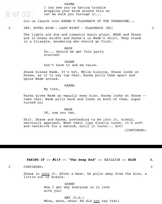 FakingItWriters's tweet photo. Three VERY different versions of a threesome! #FakingIt #scriptshots https://t.co/DFrnpo25QT