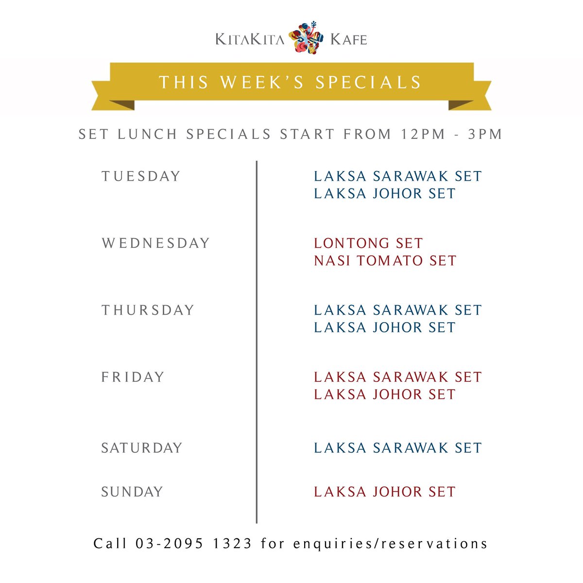 KitaKitaMY's tweet photo. Check out our menu for the week featuring our all-time favorite laksas! #MalaysianCafe #EatDrinkKL #OneStopKL #Cafe https://t.co/j5SpAourhf