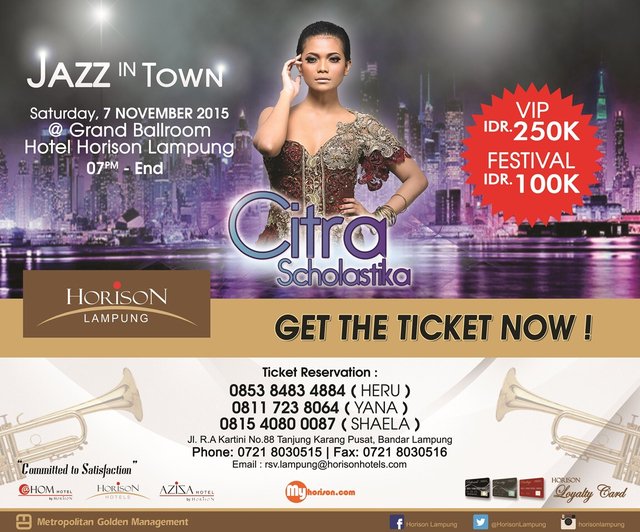 sonoralampung's tweet photo. @HorisonLampung present JAZZ IN TOWN with @ScholastCitra - Saturday, 7 November 2015 - Info: Heru 0853.8483.4884 https://t.co/JbnL5eDejz