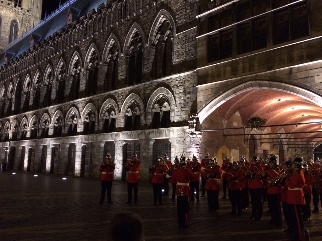 philster1962's tweet photo. @WMFSBand playing in the market square at Ypres before marching to the Menin Gate Memorial @WestMidsFire https://t.co/sUGg4Haz12