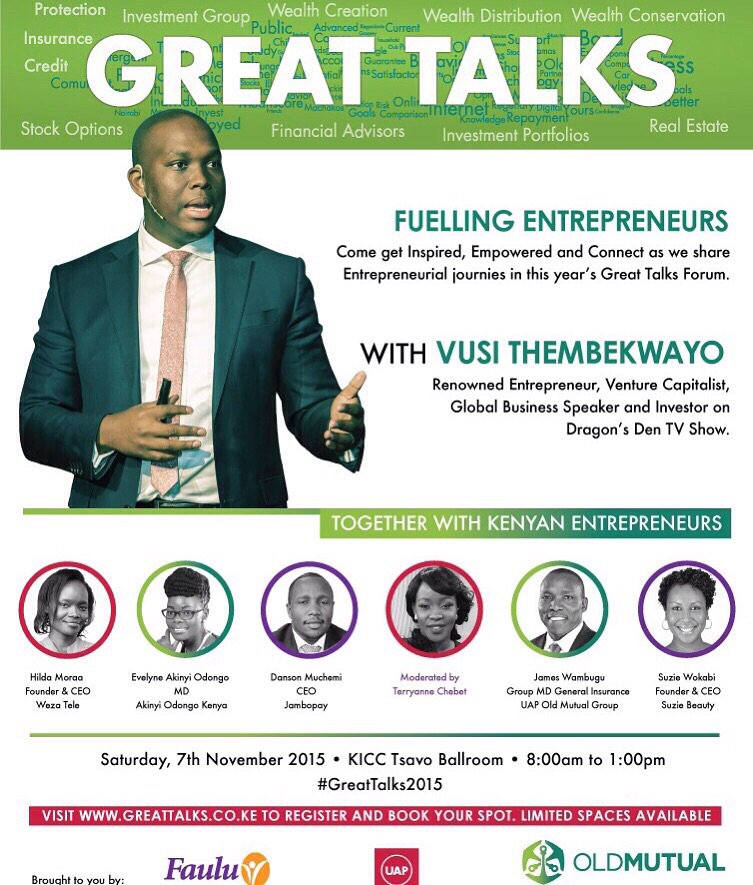 WaihigaMwaura's tweet photo. Save the date..7th November.A chance to meet Africa's movers &amp; shakers #GreatTalks @TerryanneChebet @OldMutualKenya https://t.co/qEqOdURKe8