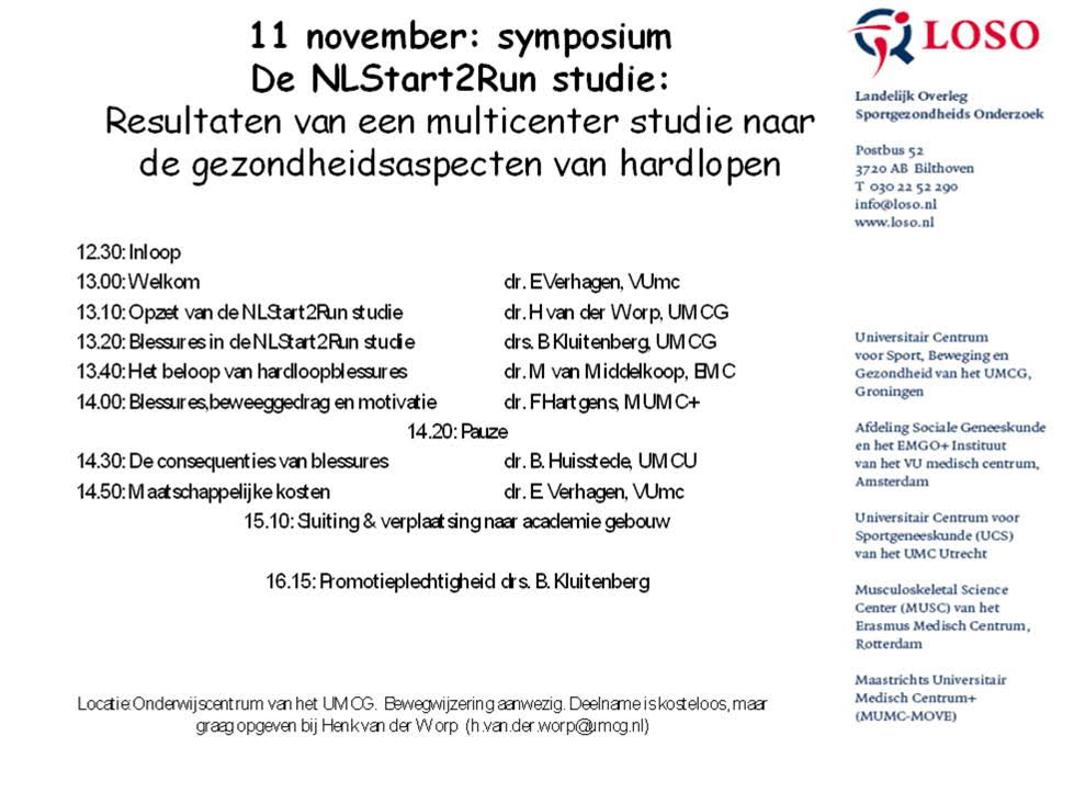 Nog een symposium ter ere van een promotie! 11-11, over gezondheidsaspecten van hardlopen en de NLStart2Run studie